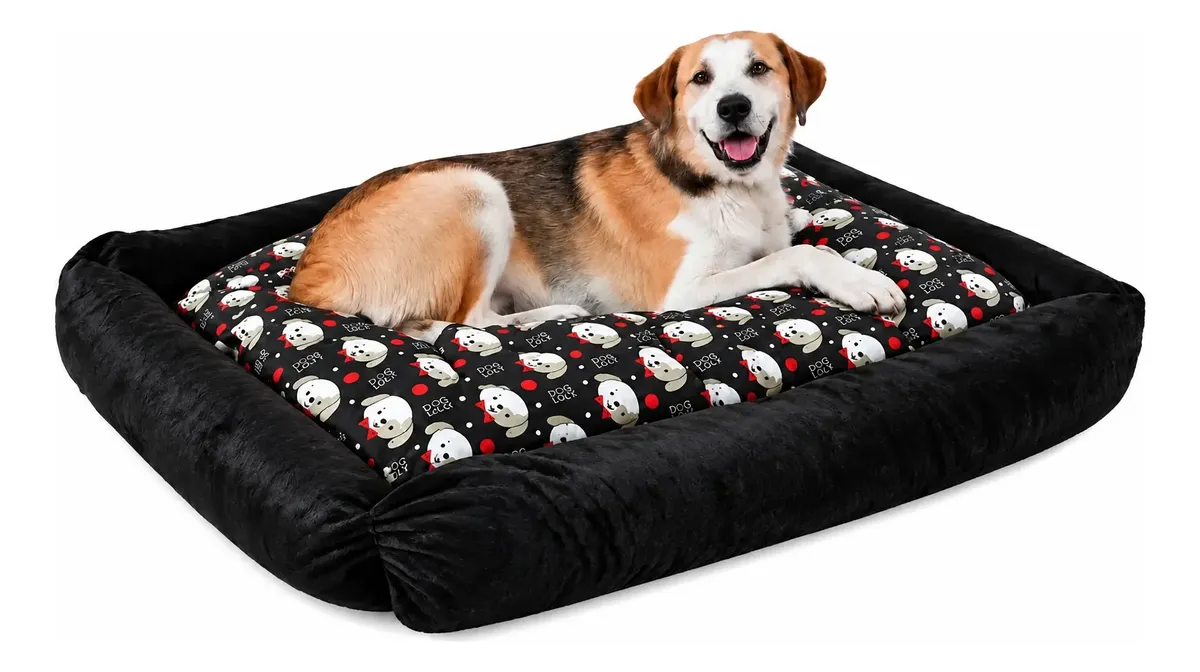 Cama com bordas e zíper — 100 × 70 cm, estampa Cachorro preto — Genérica com bordas e zíper 100×70×20, Cachorro preto