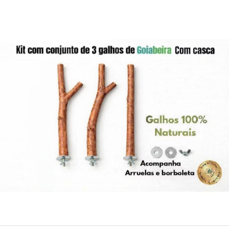 Conjunto de três poleiros naturais de goiabeira com arruelas e borboletas, imagem ilustrativa da opção de 20 cm.